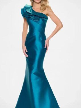 NWT Montage by Mon Cheri M844 One Shoulder Mermaid Gown Teal Size 14